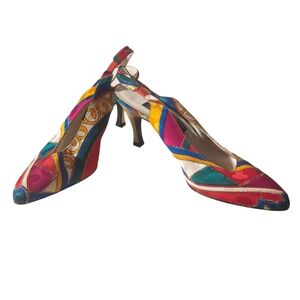 VTG STUART WEITZMAN 80s Womens 7W Sling-Back Geometric Colorblock Leather Sole